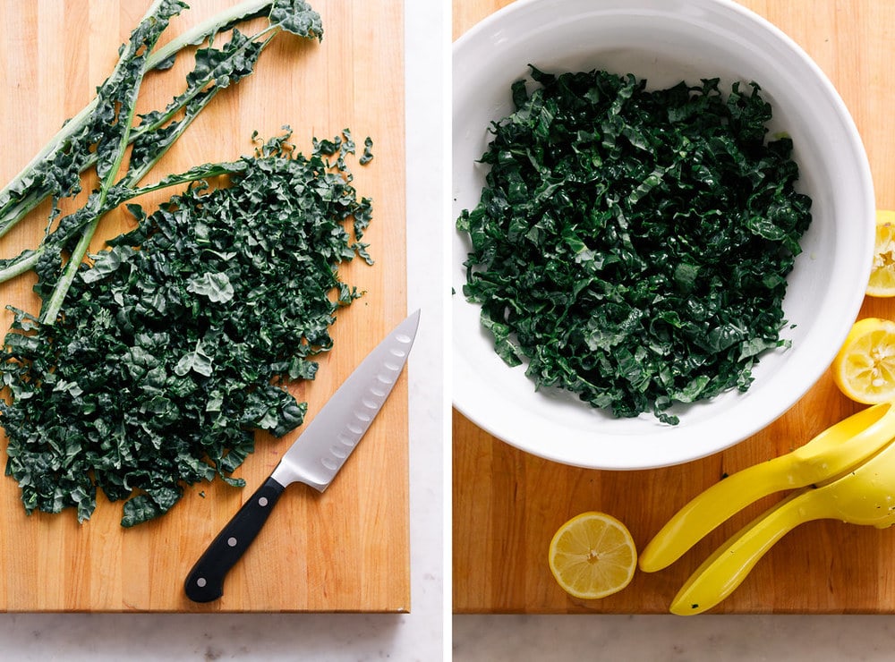 top down view of 2 photos: left side is kale stems removed and kale chopped; second photo shows chopped kale in a white bowl marinating (aka massaged) in lemon juice.