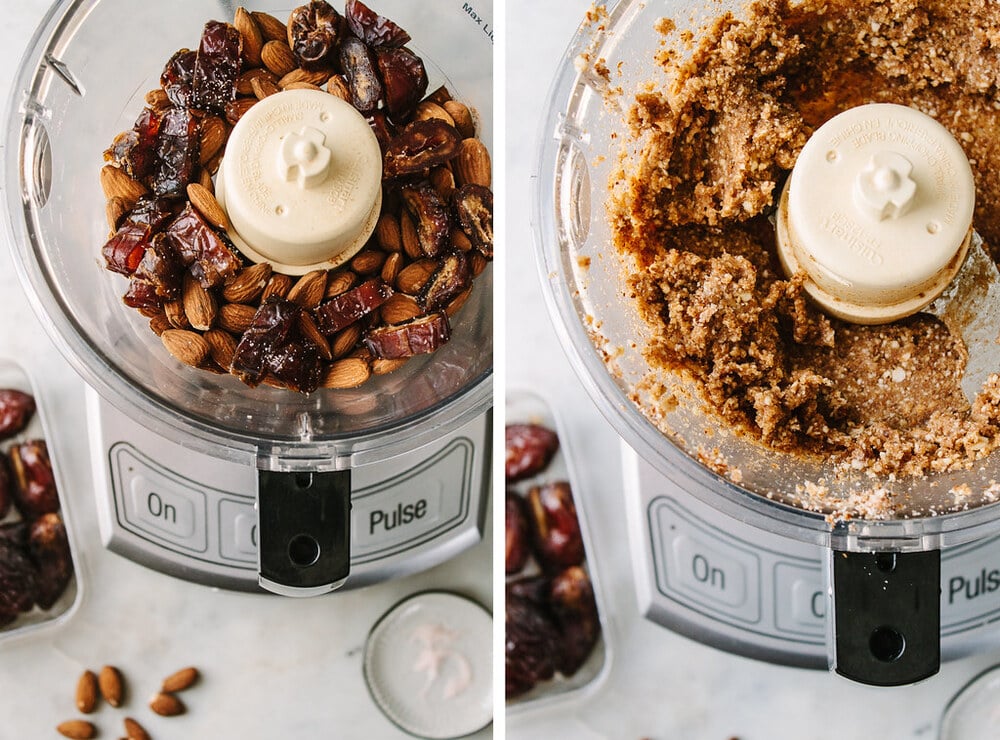 side by side picture of making the crust for raw fruit tartlet.