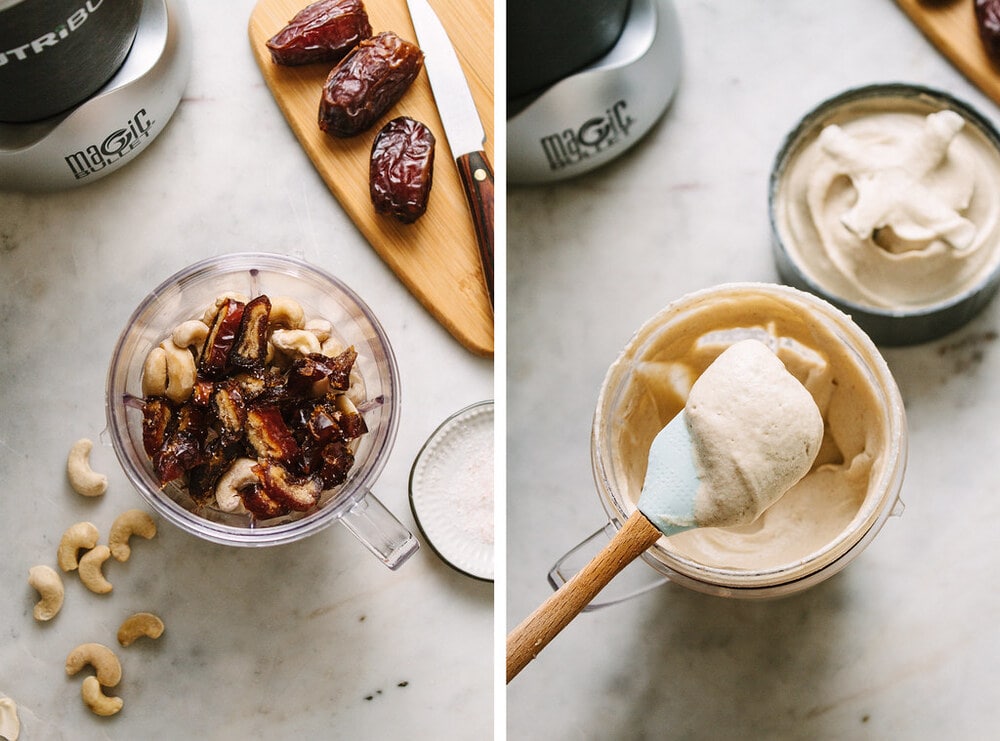 side by side photo of the process of making cashew sweet cream in a nutribullet.