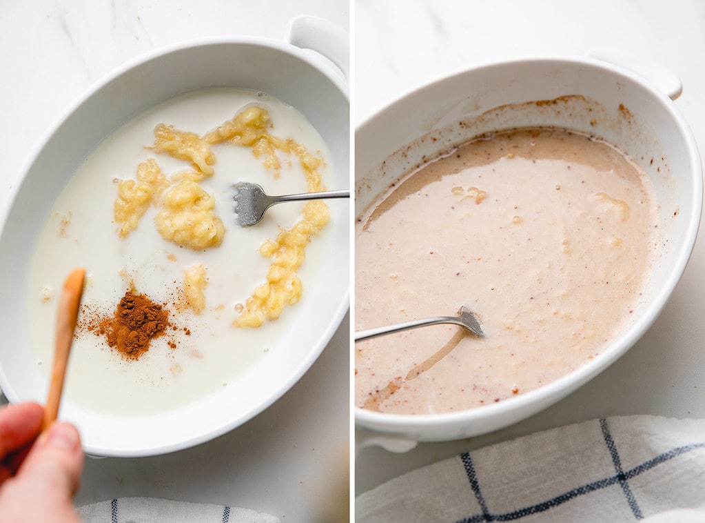 side by side photos showing the process of making vegan banana french toast batter.