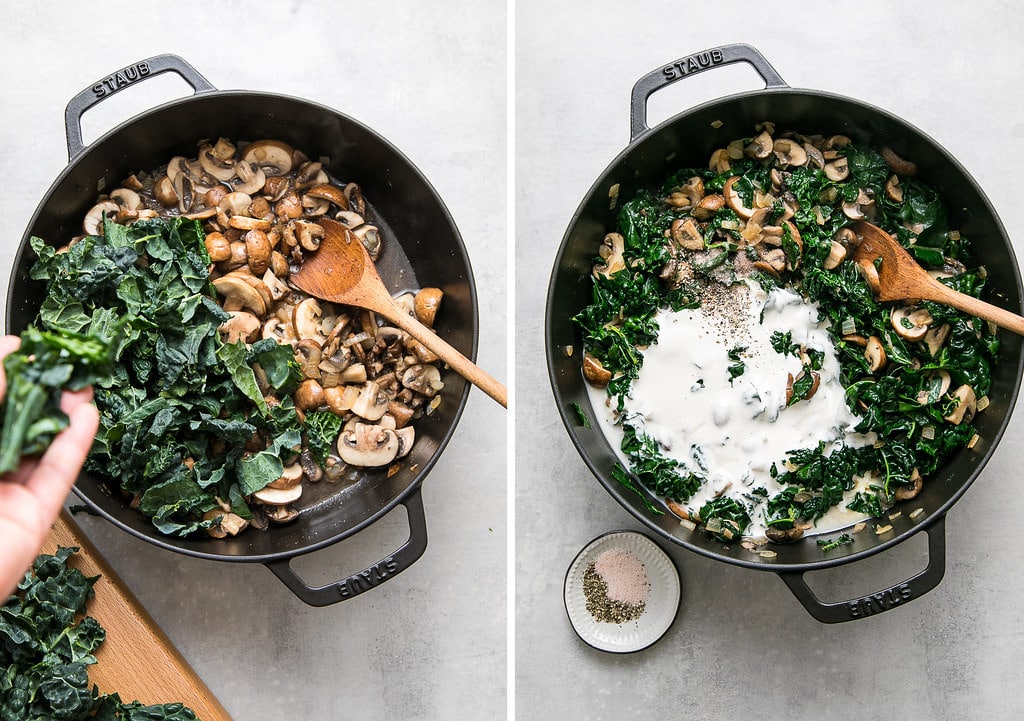 side by side photos showing the process of adding kale and cream to pot when making mushroom gratin recipe.