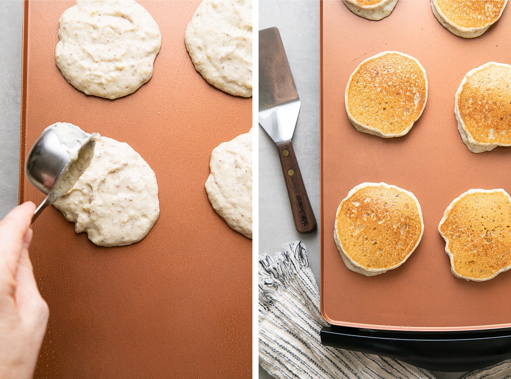 side by side photos showing the process of cooking gluten free pancakes on a griddle.