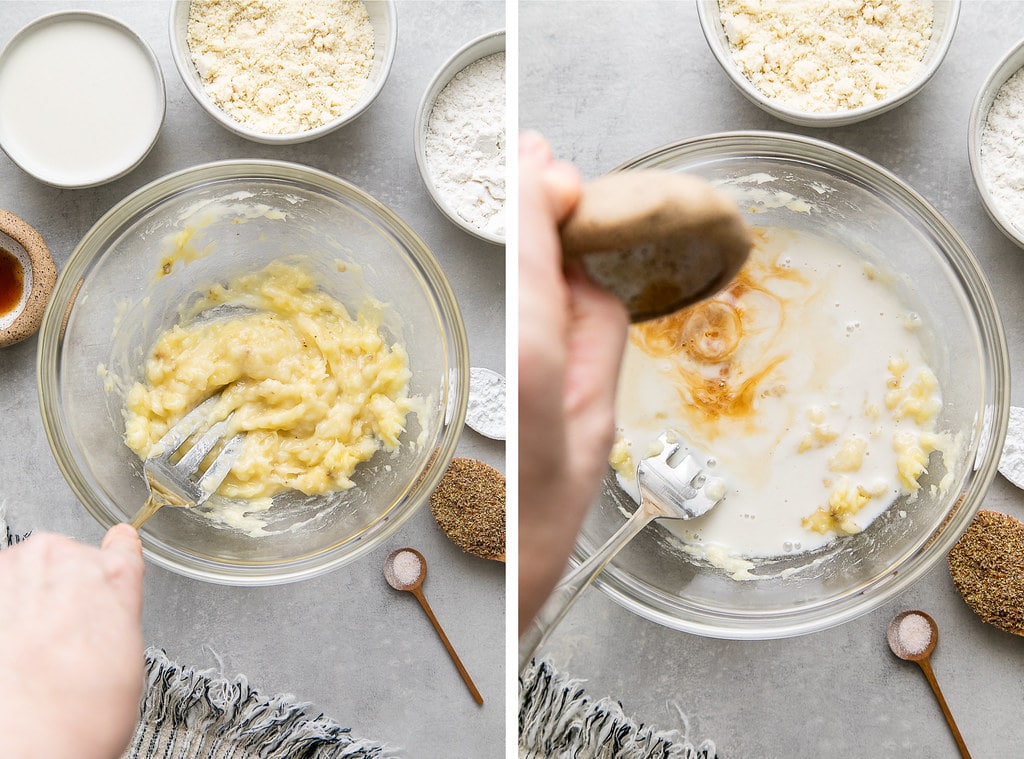 side by side photos showing the process of mashing a banana in a bowl and mixing with milk.