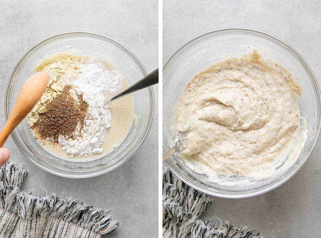 side by side photos showing the process of adding dry ingredients to wet, making pancake batter.