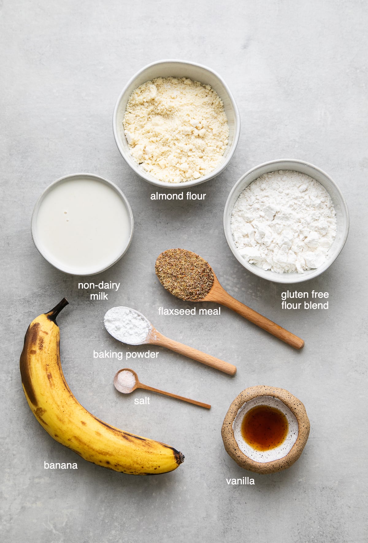 top down view of ingredients needed to make the best vegan gluten free pancakes with almond flour and banana.