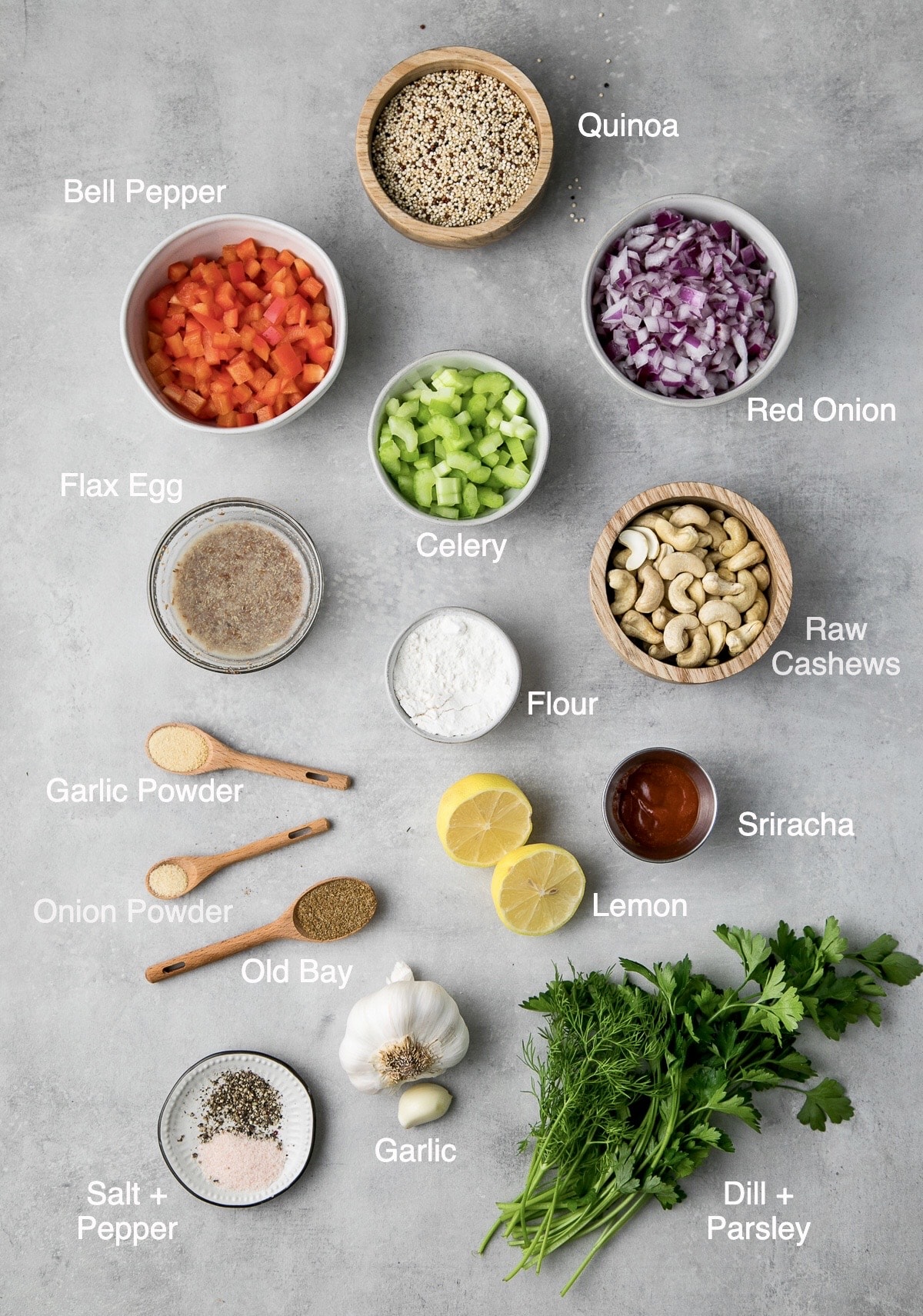 top down view of ingredients used to make vegan quinoa cakes.