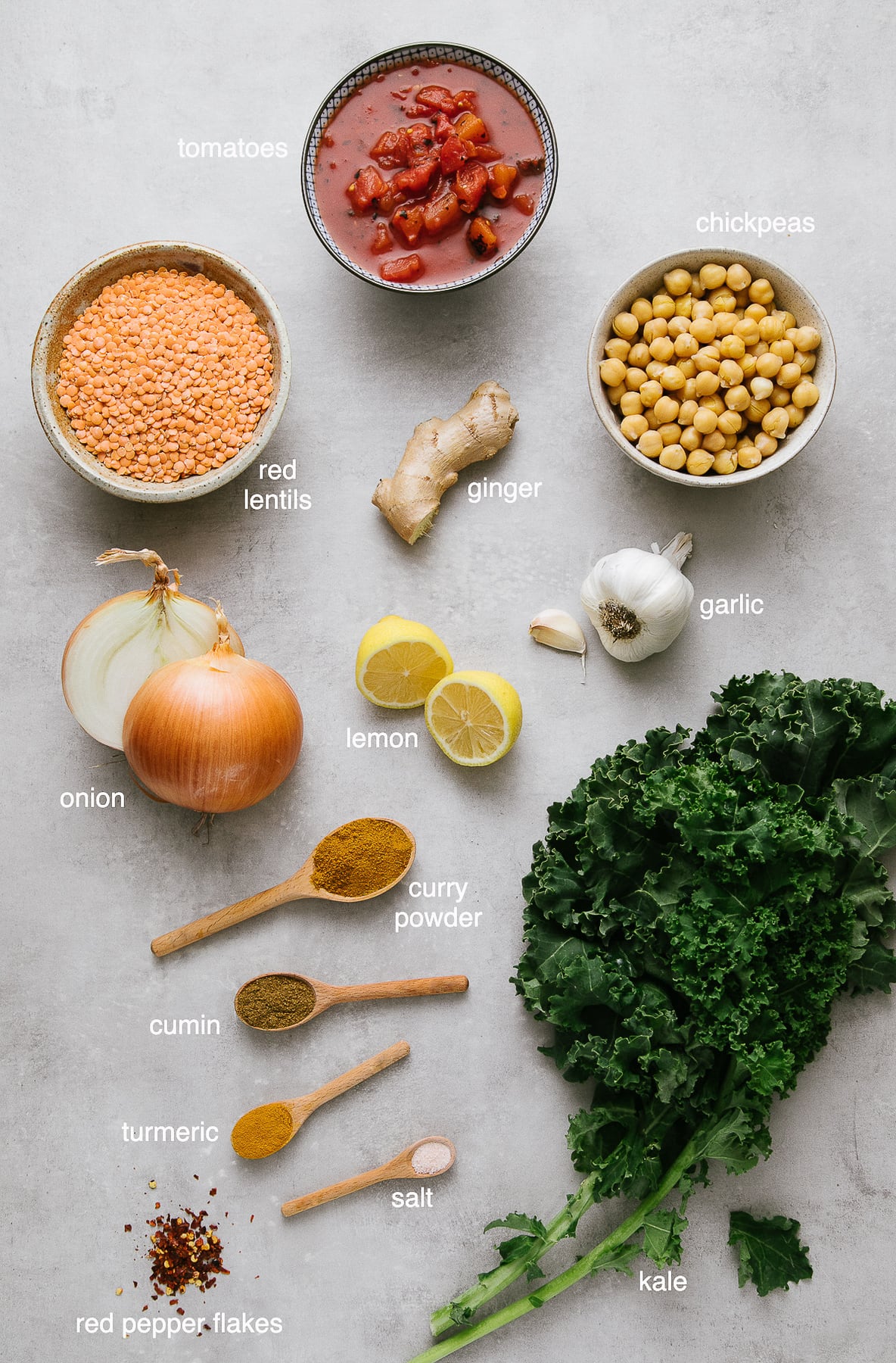 top down view of ingredients used to make healthy red curry lentil stew.