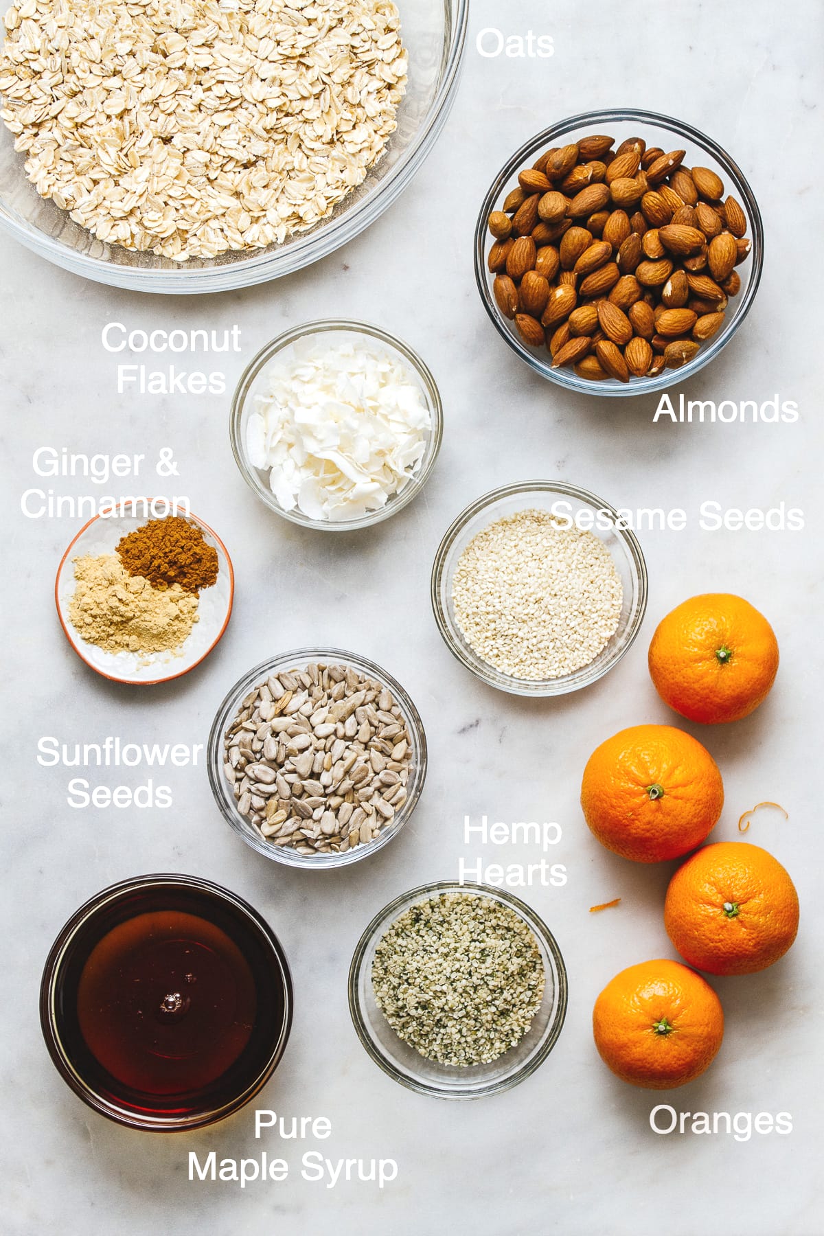 top down view of the ingredients used to make healthy orange ginger granola.