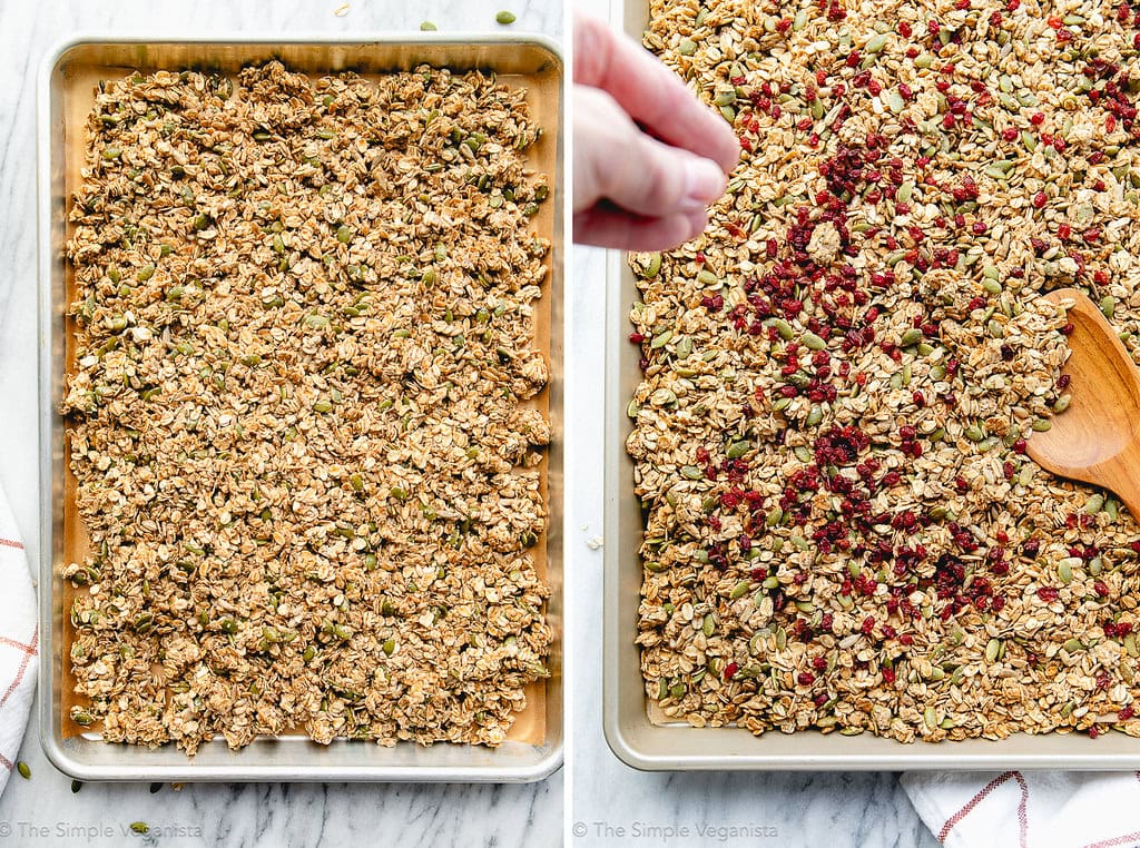 side by side process steps of baking granola before and after on a sheet pan.