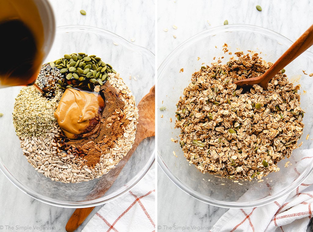 side by side process steps of making nut-free granola in a glass mixing bowl.