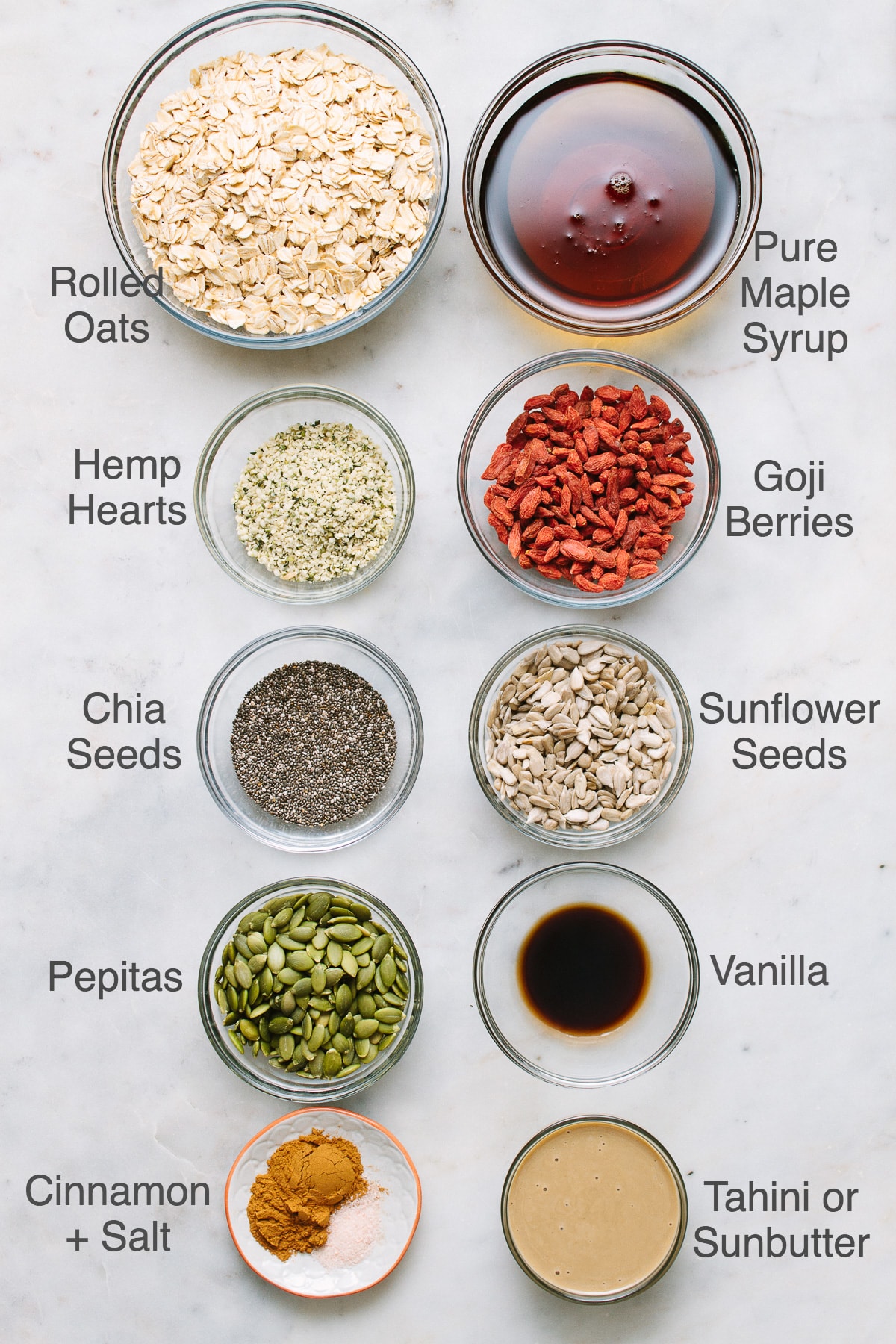 top down view of all ingredients needed to make seeds and goji berry granola.