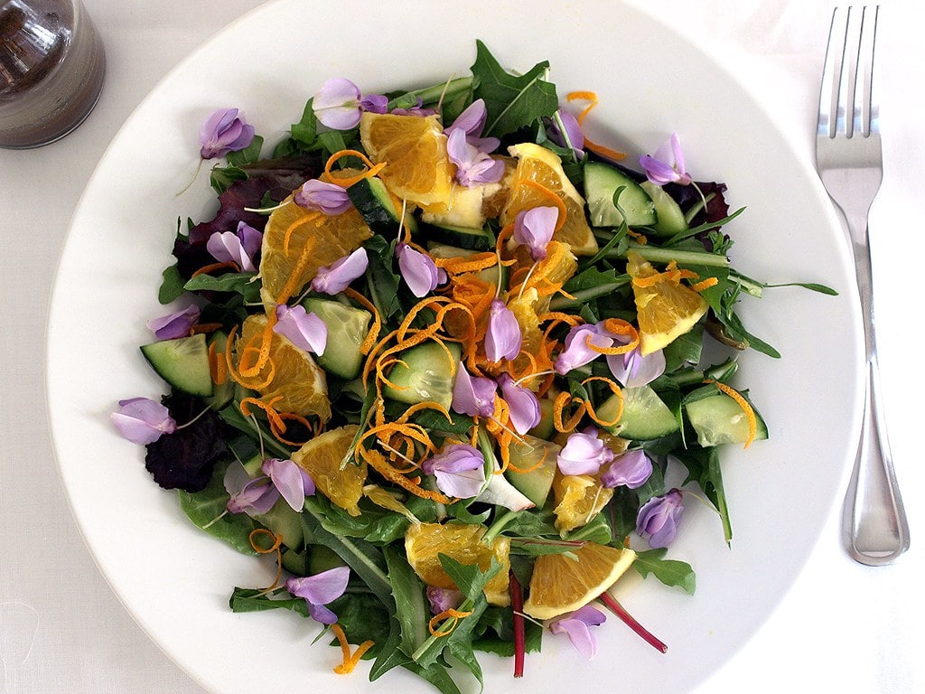 top down view of spring salad with edible flowers and dandelion greens.