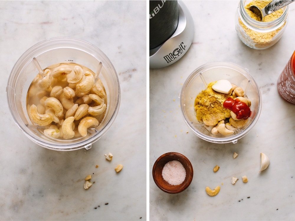 side by side pics of the process of soaking the cashews and ingredients for sriracha cashew cheese sauce added to small blender.