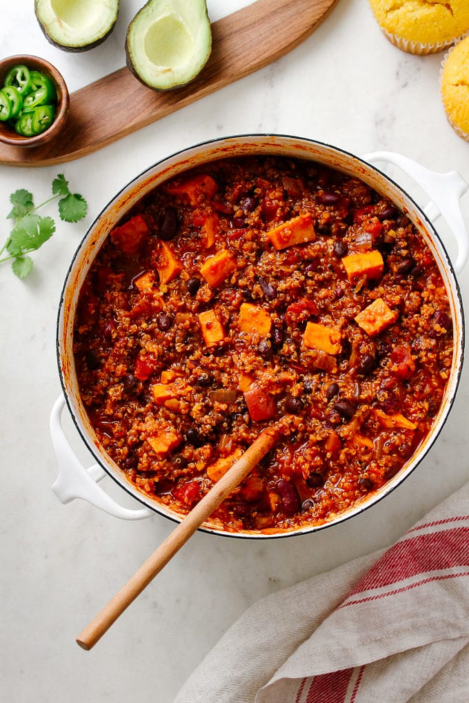 Sweet Potato & Quinoa Chili Easy One Pot Recipe Stovetop + Slow Cooker
