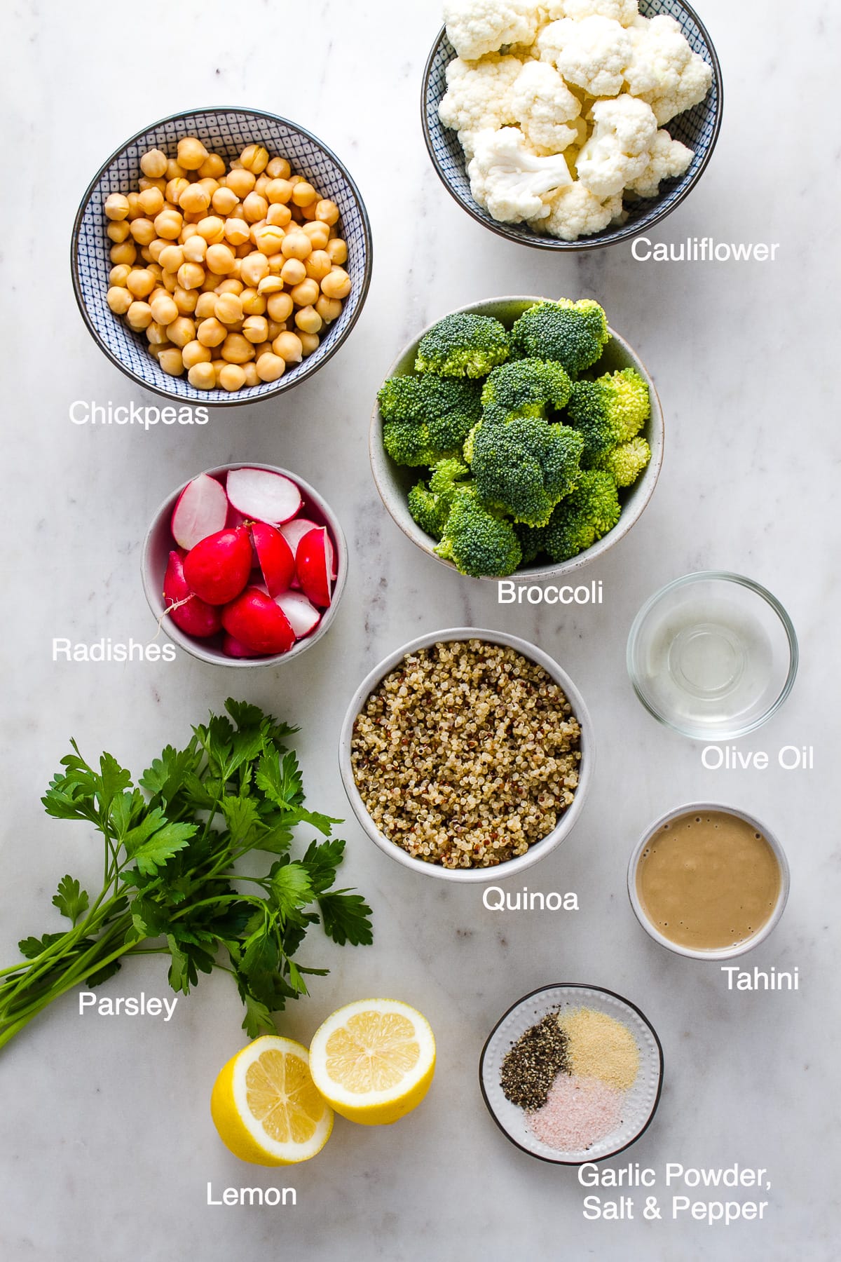 top down view of ingredients needed to make roasted vegan buddha bowl.