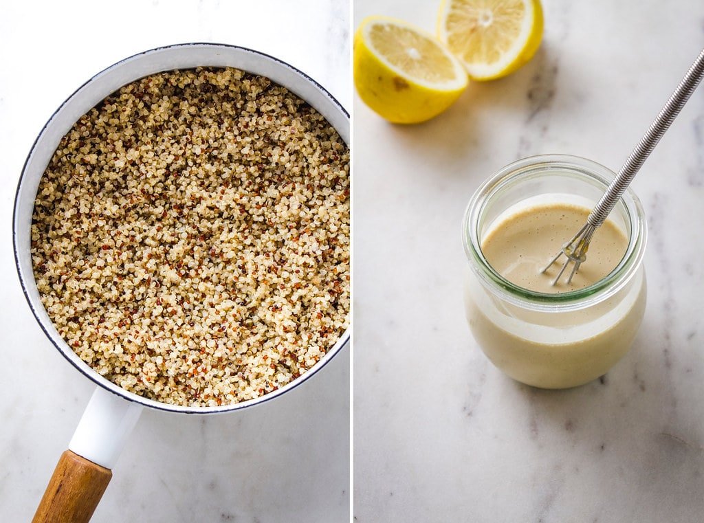 side by side view of a pot full of cooked quinoa and a small jar with lemon tahini dressing.