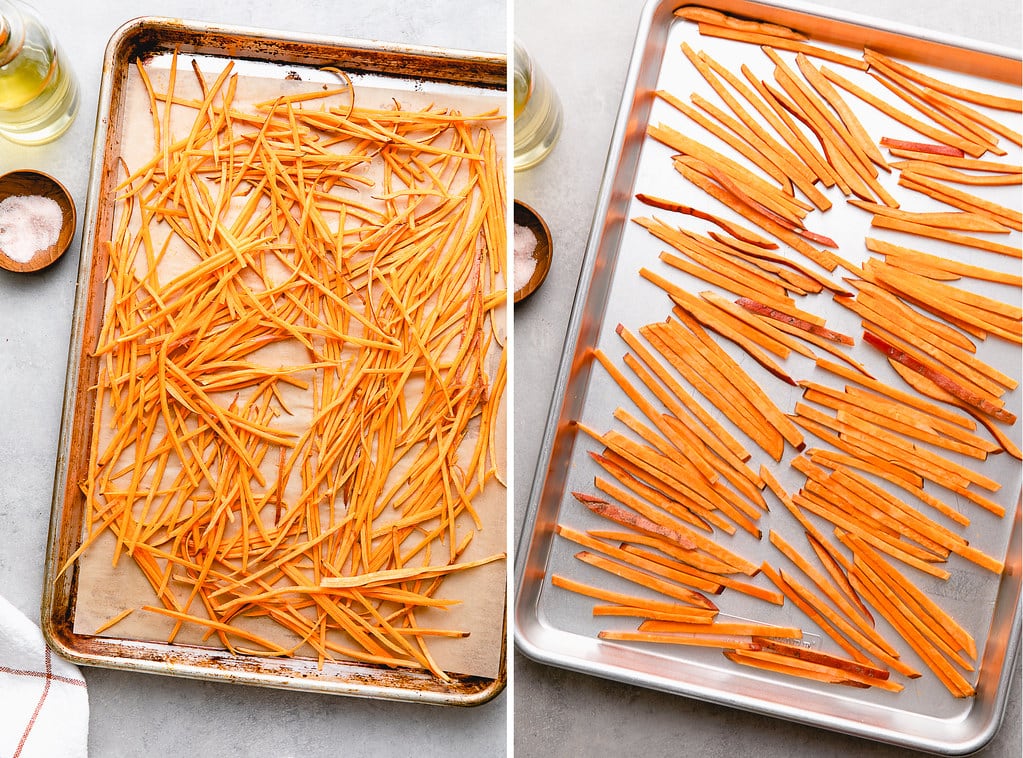 side by side photos of prepped sweet potatoes on baking sheet ready to be baked.