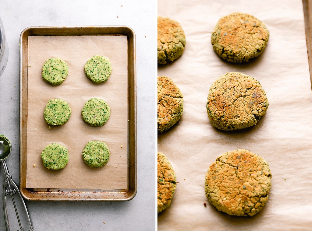 side by side photos showing the process of baking falafels on a baking sheet.