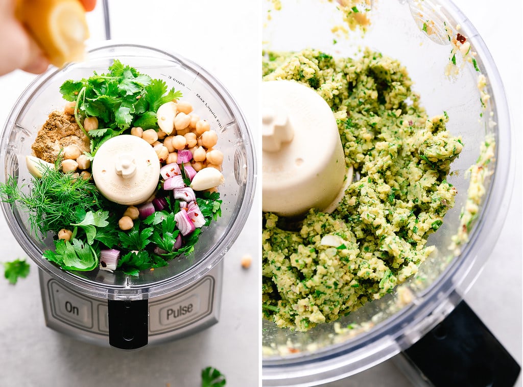 side by side photos showing process of making falafel mix in a food processor.