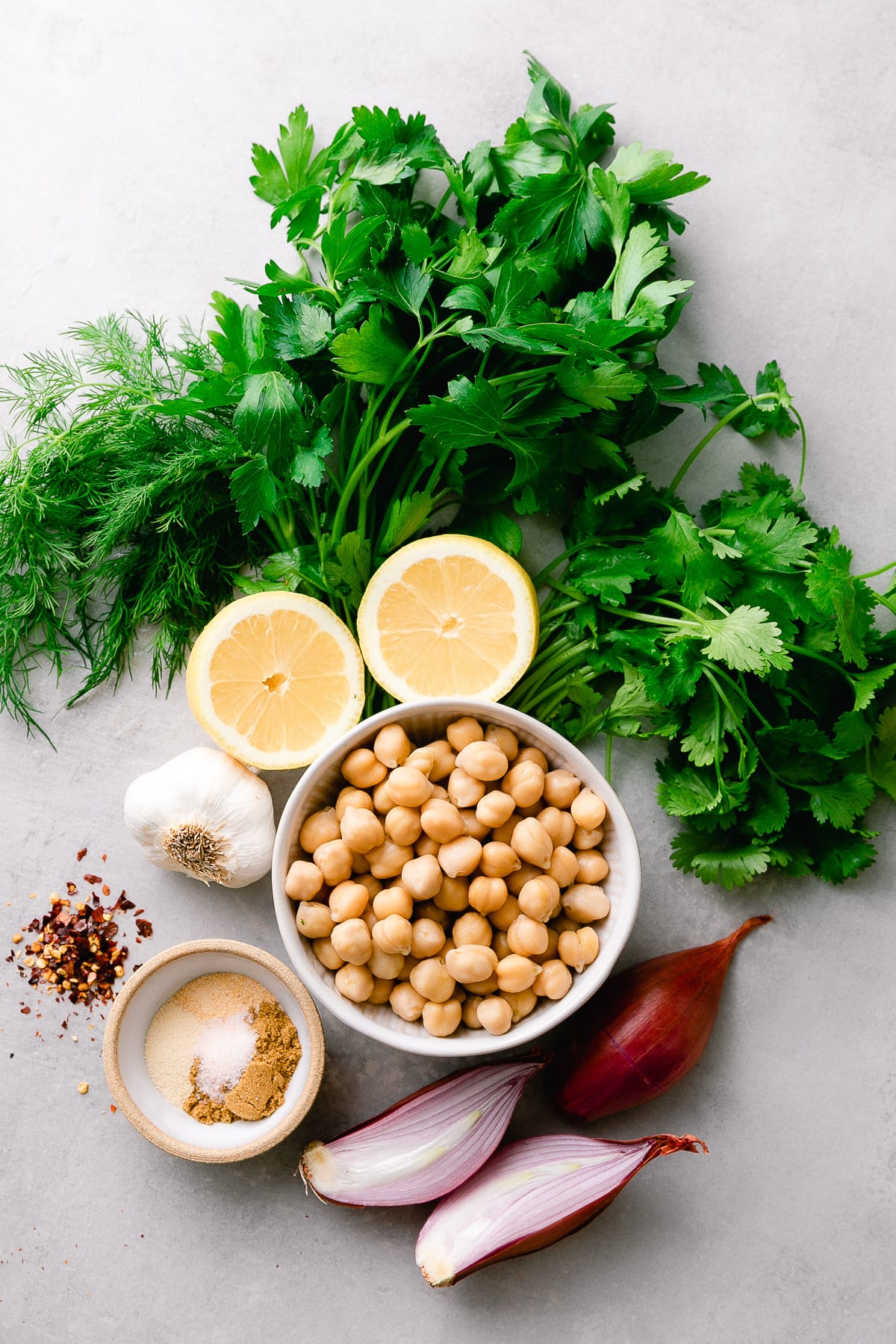 top down view of ingredient to make falafels.