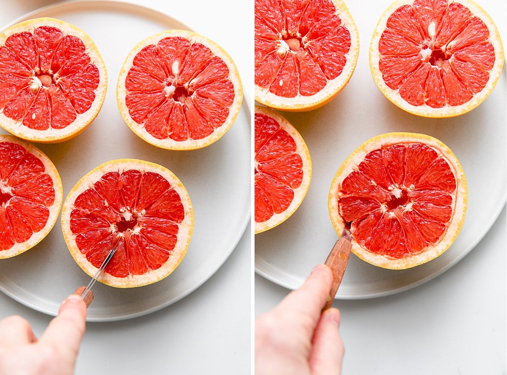side by side photos showing the process of cutting grapefruit segments for broiling.