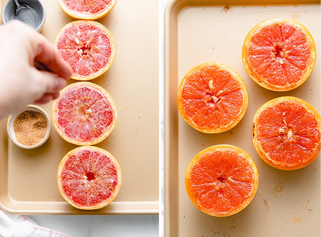 side by side photos showing the process of before and after broiled grapefruit.