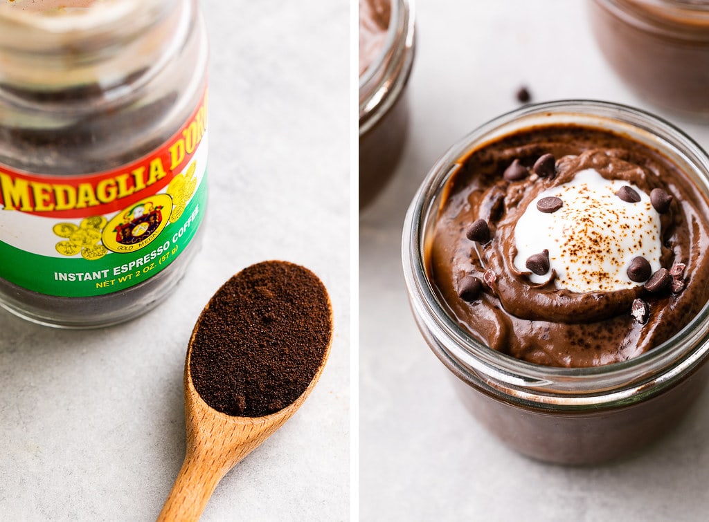 side by side photos of instant espresso and raw chocolate pudding with espresso.