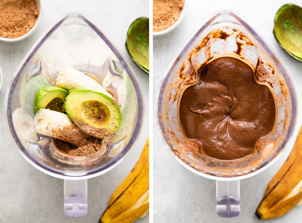 side by side photos showing the process of making the best, creamy raw chocolate pudding with avocado and banana.