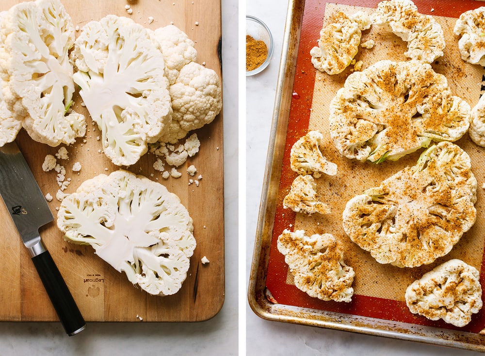 roasted cauliflower steaks being sliced, placed on rimmed baking sheet and prepped with oil and spices