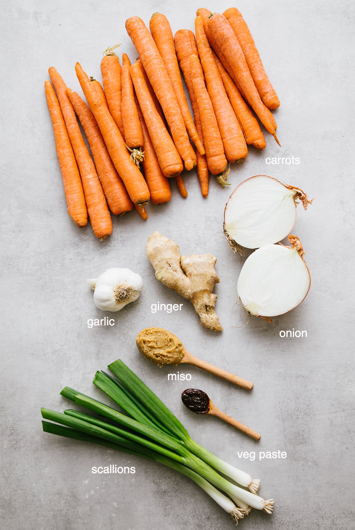 top down view of ingredients used to make carrot miso soup.
