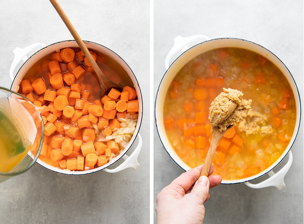 top down view showing the process of making carrot miso soup.