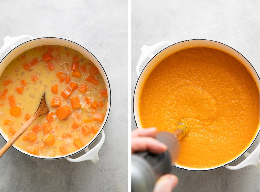 top down view showing the process of pureeing carrot miso soup.