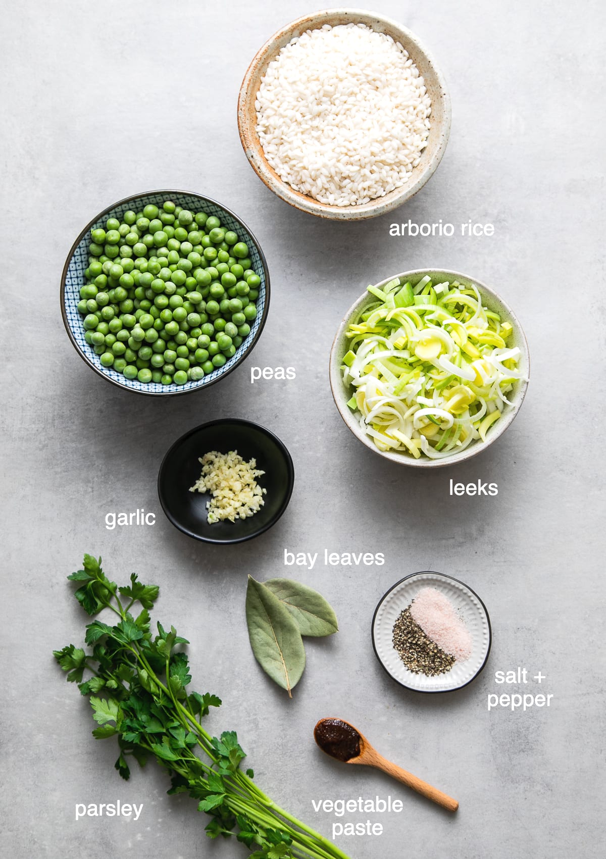 top down view of ingredients used to make risi e bisi recipe.