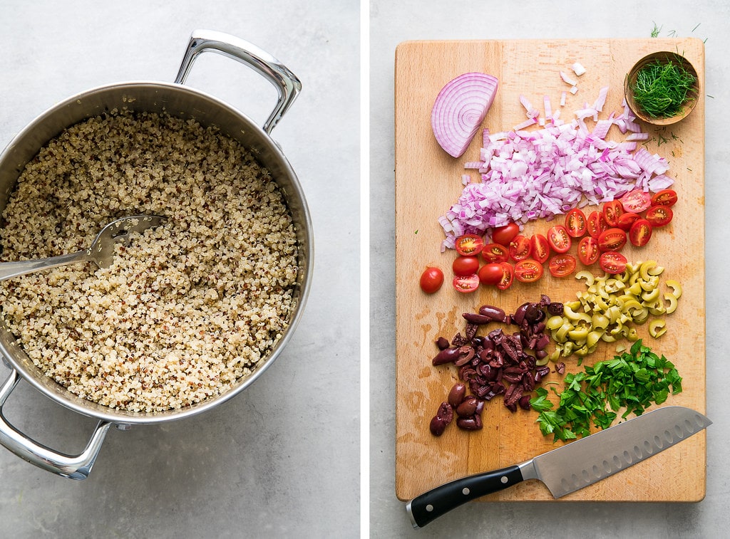side by side photos showing the process of making Greek quinoa salad.