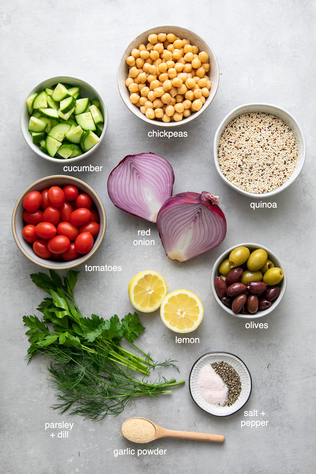 top down view of ingredients used to make healthy Greek Quinoa Salad recipe.