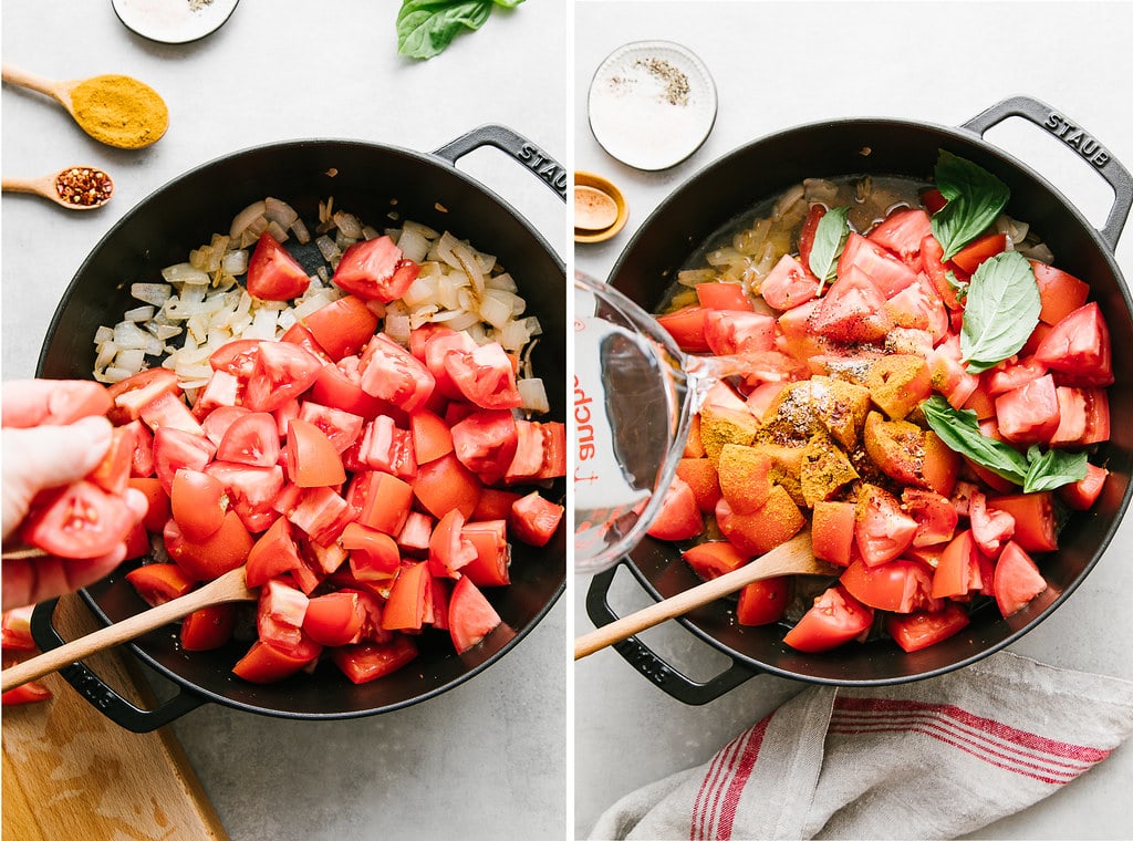 side by side photos showing the process of making spicy tomato soup with curry on a black pot.