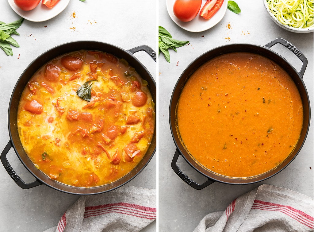 side by side photos spicy vegan tomato soup before and after being pureed.