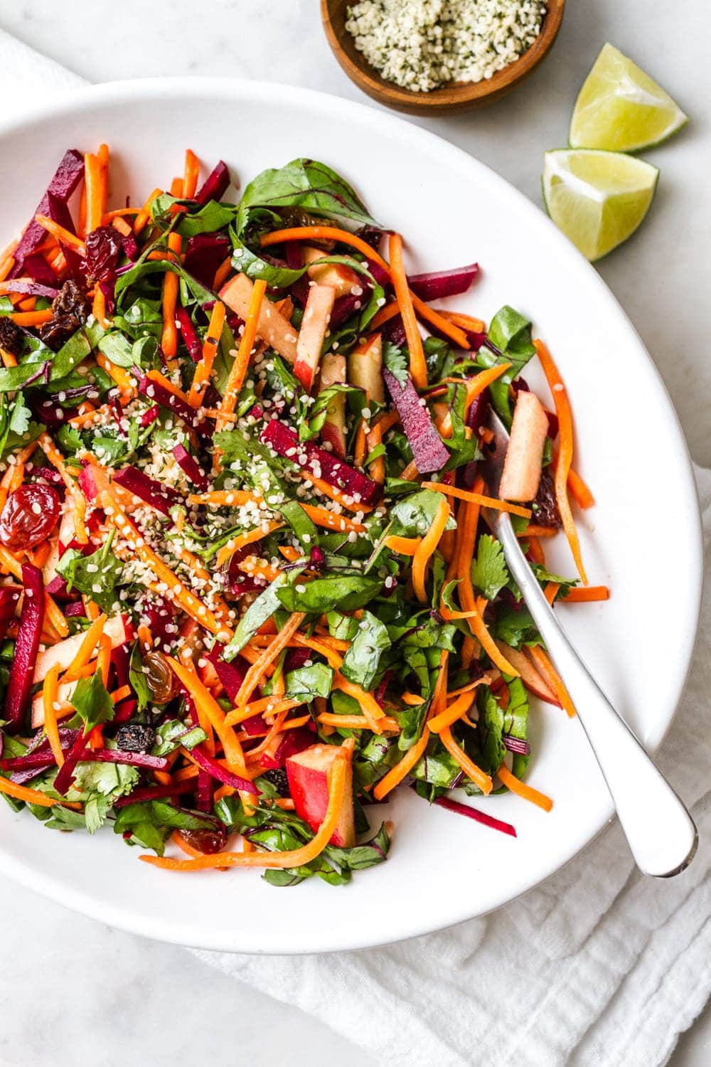 top down view of healthy detox salad with lime ginger dressing.