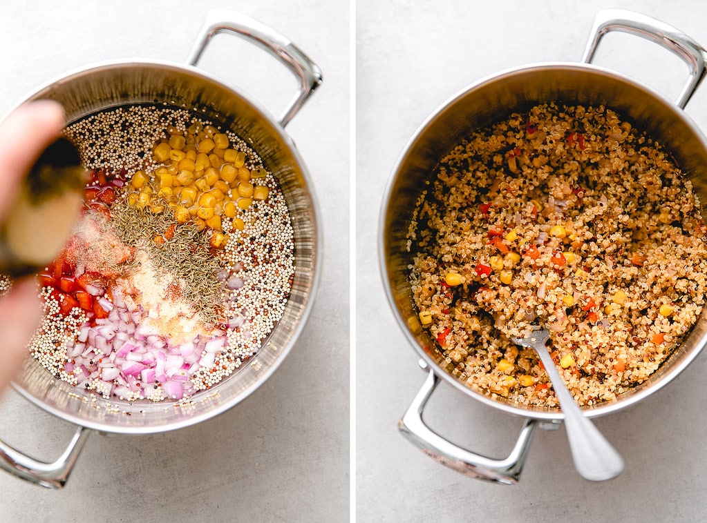 side by side photos showing process of making veggie quinoa.