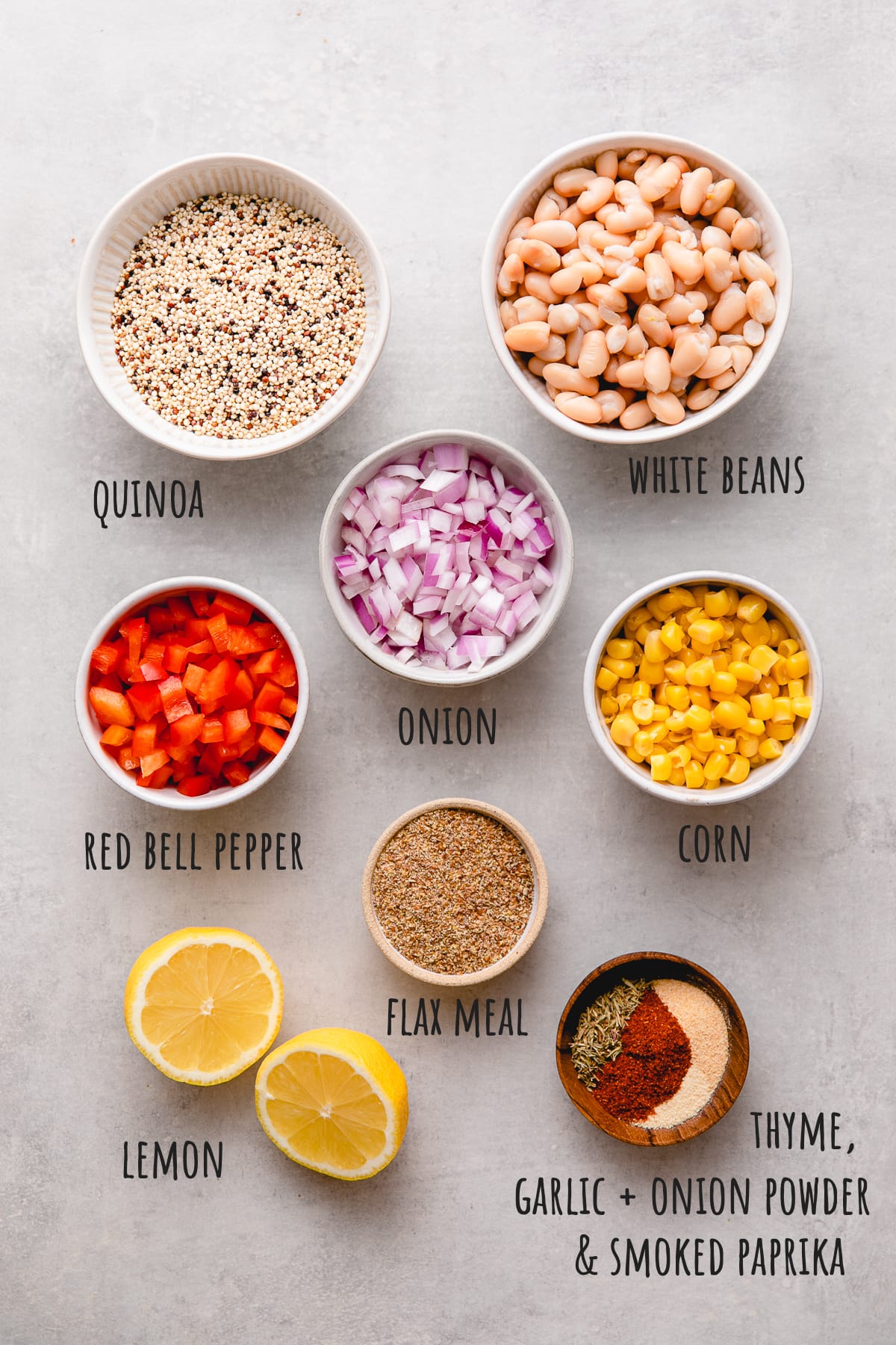 top down view of ingredients used to make quinoa white bean veggie burger recipe.