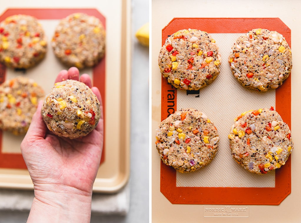 side by side photos showing process of shaping burger patties.