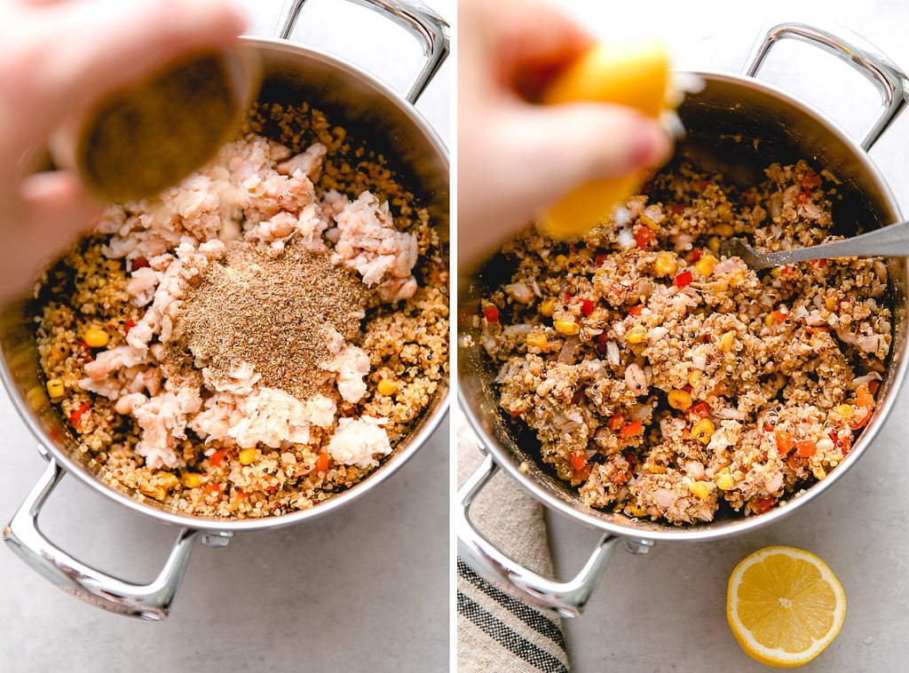 side by side photos showing process of making white bean quinoa veggie patty mixture