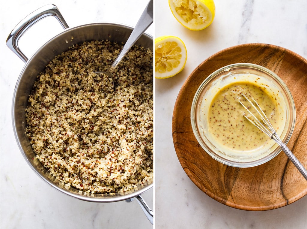 side by side photos of cooked quinoa and mustard dressing.