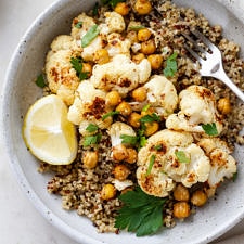 ROASTED CAULIFLOWER + CHICKPEAS + MUSTARD DRESSING
