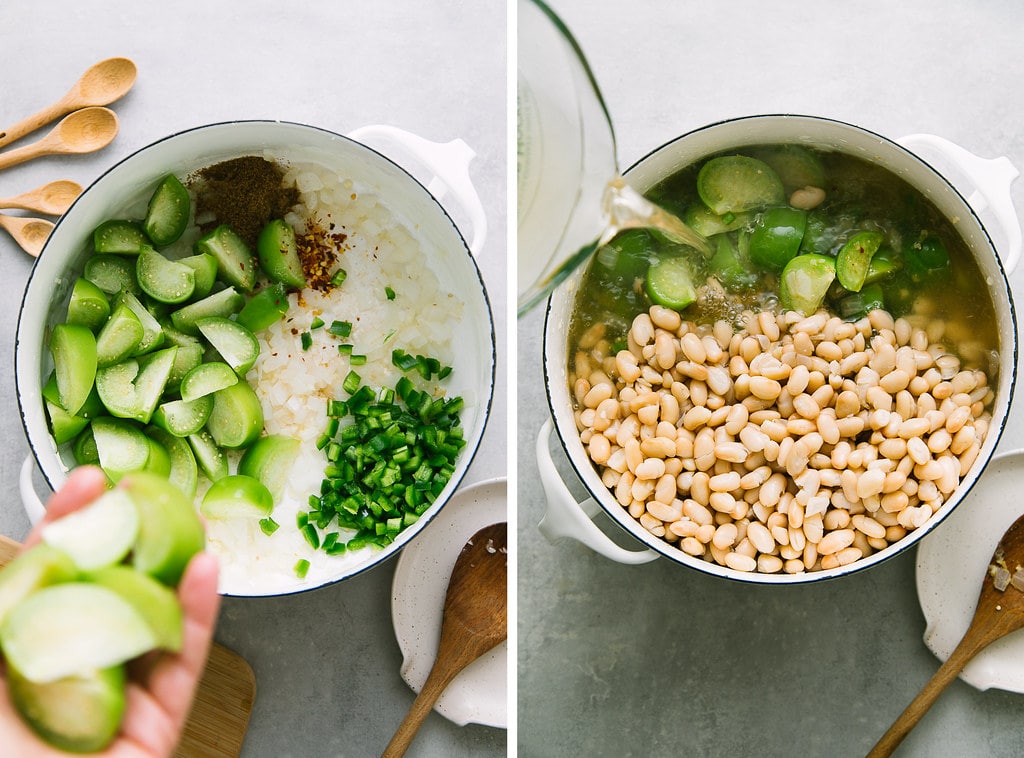 side by side photos showing the process of making white bean tomatillo soup.