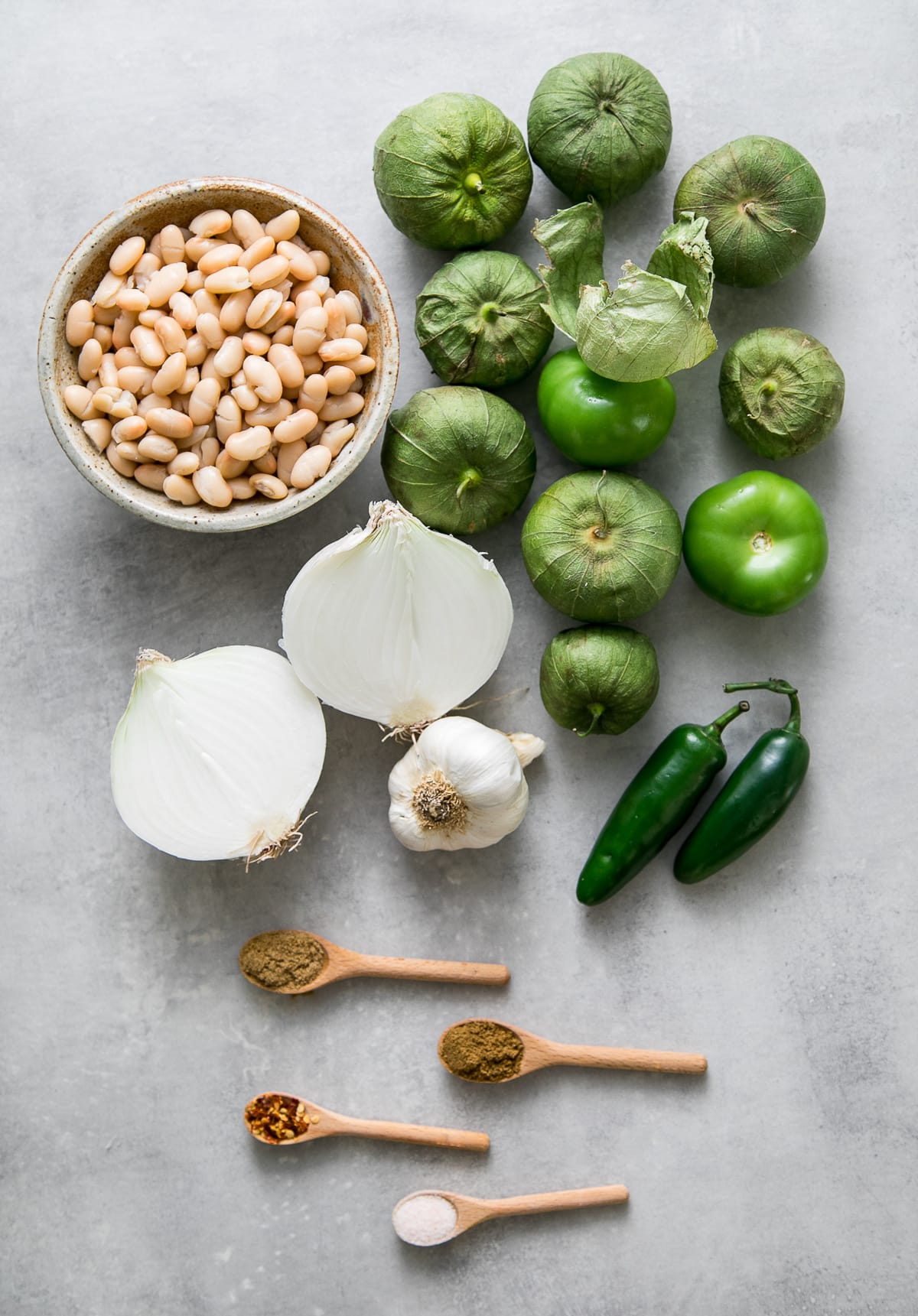 top down view of ingredients used to make healthy white bean tomatillo soup recipe.
