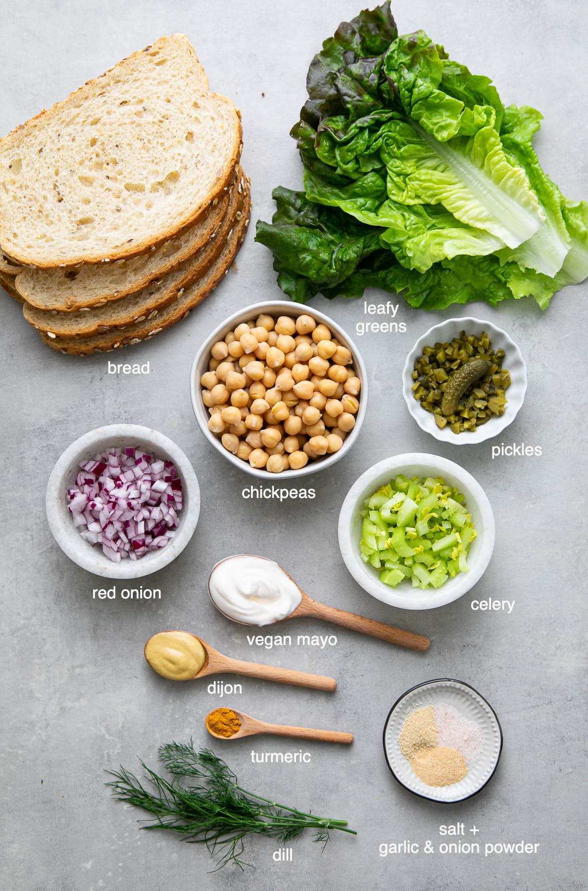 top down view of ingredients needed to make the best chickpea egg salad.