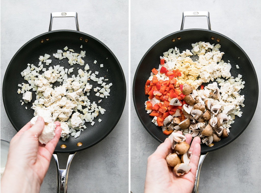 side by side photos showing the process of making tofu scramble in a skillet.