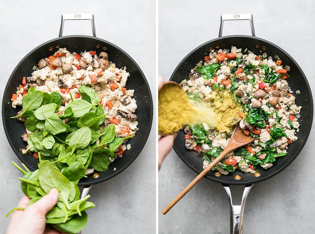side by side photos showing the process of adding spinach and nutritional yeast to tofu scramble towards end of cooking.