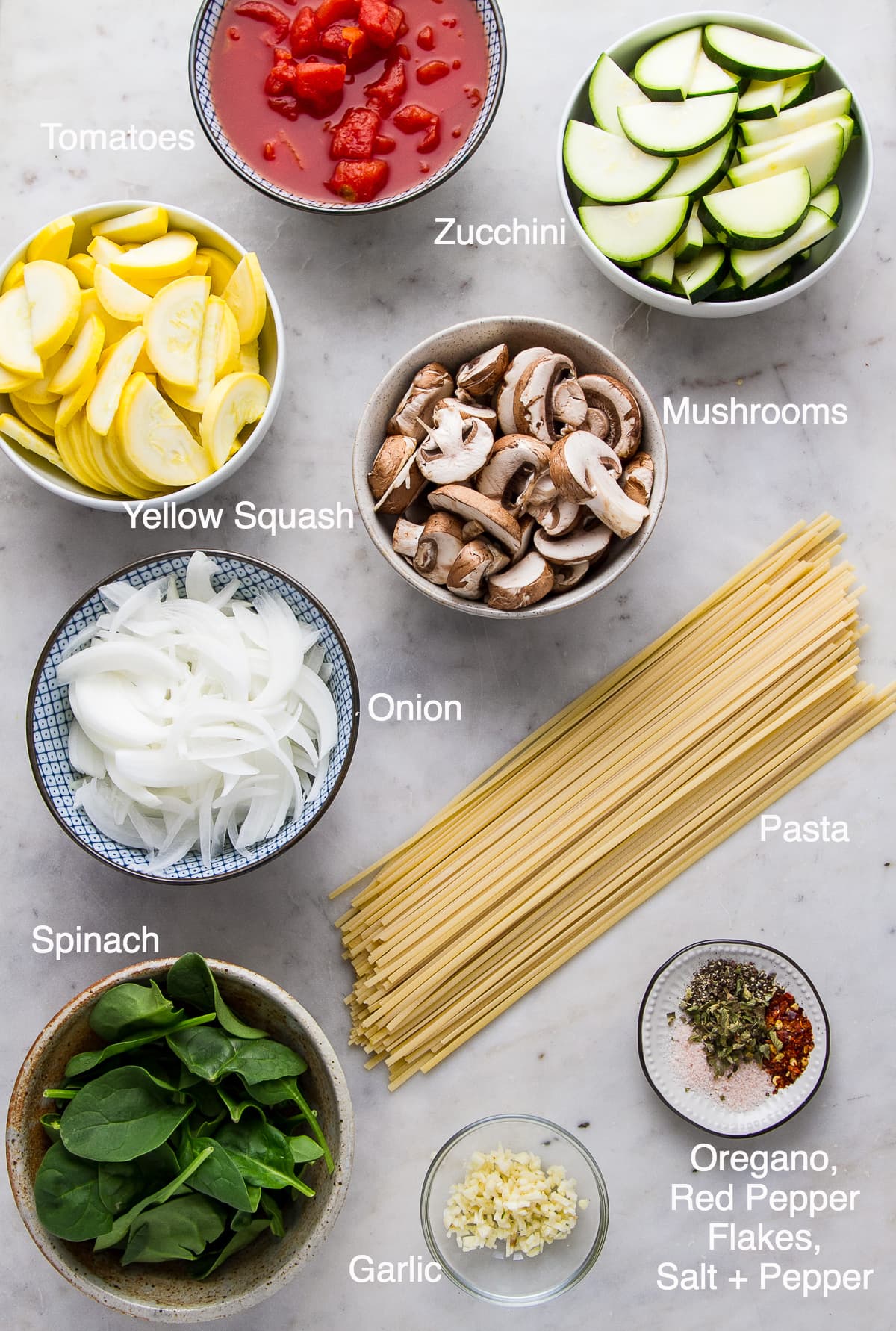 top down view of ingredients used to make the best vegetable spaghetti recipe.